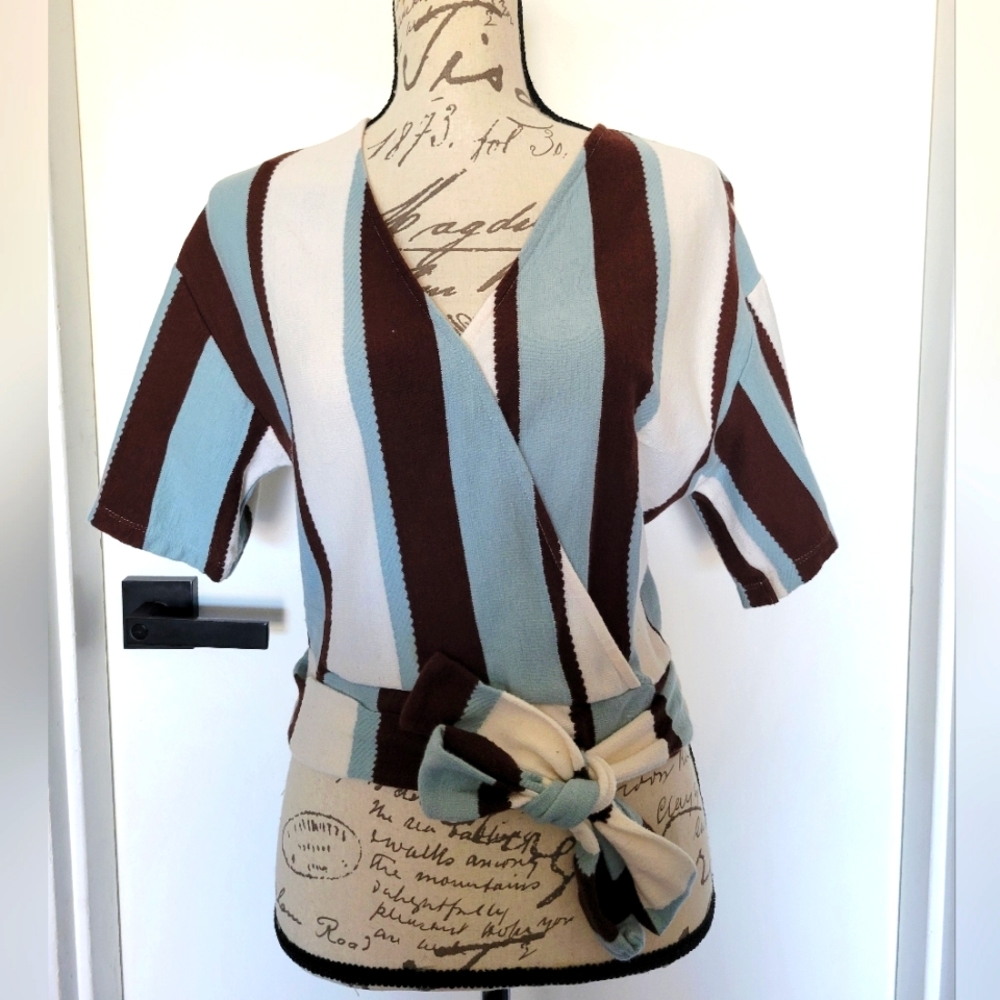 Zara Trafaluc Cotton Knit Striped Wrap Blouse Size S